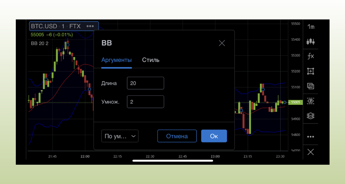ÐÐ»Ð¸Ð½Ð° Ð¿Ð¾Ð»Ð¾Ñ ÐÐ¾Ð»Ð»Ð¸Ð½Ð´Ð¶ÐµÑÐ° - ÑÑÐ¾ ÐºÐ¾Ð»Ð¸ÑÐµÑÑÐ²Ð¾ Ð¿ÐµÑÐ¸Ð¾Ð´Ð¾Ð² (ÑÐ²ÐµÑÐµÐ¹) Ð»Ð¸Ð½Ð¸Ð¸ SMA, Ð° Mult - ÐºÐ¾Ð»Ð¸ÑÐµÑÑÐ²Ð¾ ÑÑÐ°Ð½Ð´Ð°ÑÑÐ½ÑÑ Ð¾ÑÐºÐ»Ð¾Ð½ÐµÐ½Ð¸Ð¹ (SD), Ð¸ÑÐ¿Ð¾Ð»ÑÐ·ÑÐµÐ¼ÑÑ Ð´Ð»Ñ ÑÐ¸ÑÐ¸Ð½Ñ Ð¿Ð¾Ð»Ð¾Ñ ÐÐ¾Ð»Ð»Ð¸Ð½Ð´Ð¶ÐµÑÐ°.