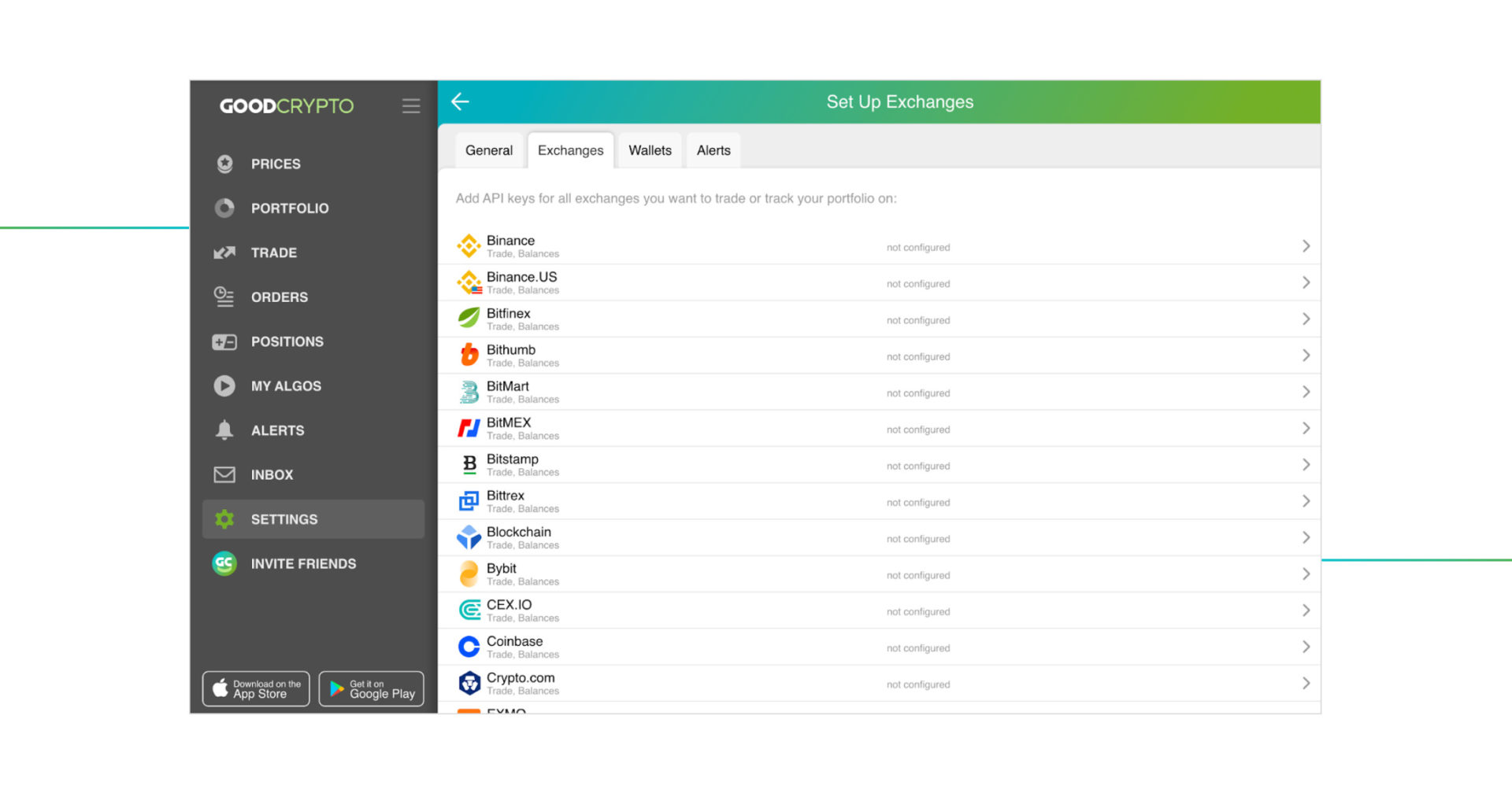connect the best exchanges via API keys in GoodCrypto app